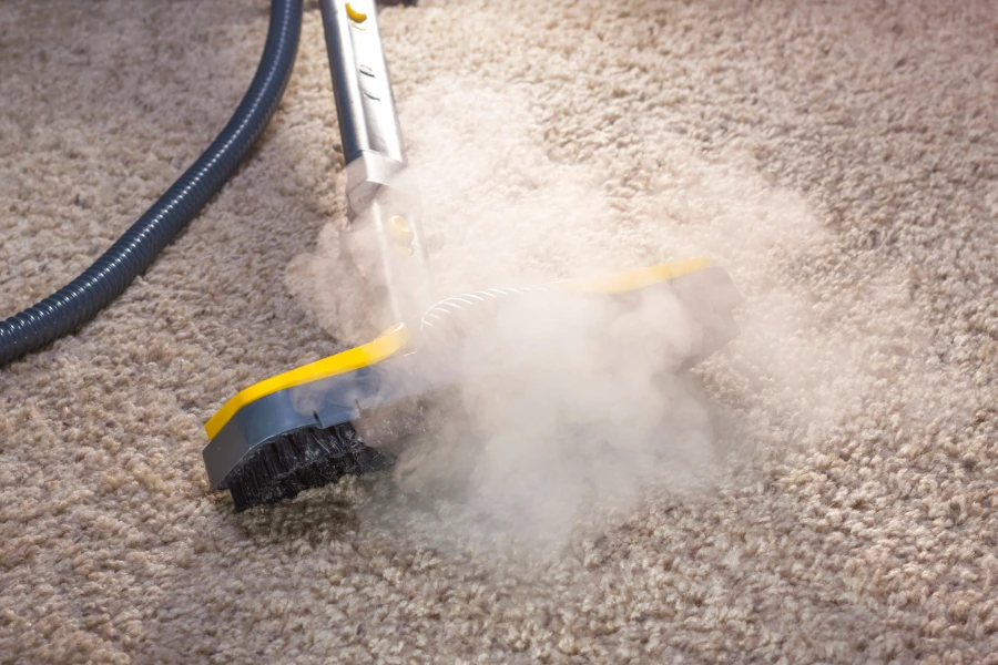 Using dry steam cleaner to sanitize floor carpet