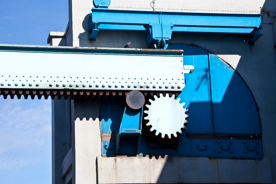 Industrial rack and pinion lifting mechanism on a road bridge
