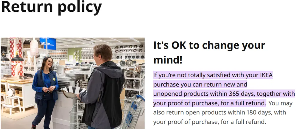 Ikea's return policy page