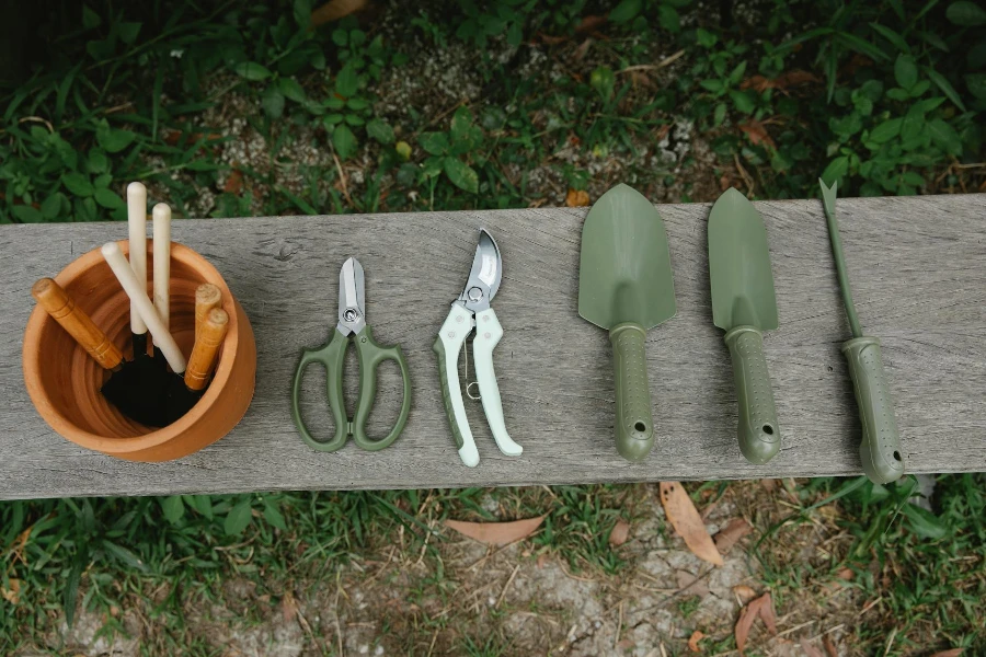 outils pour ameublir le sol près du pot avec des instruments sur un banc en bois