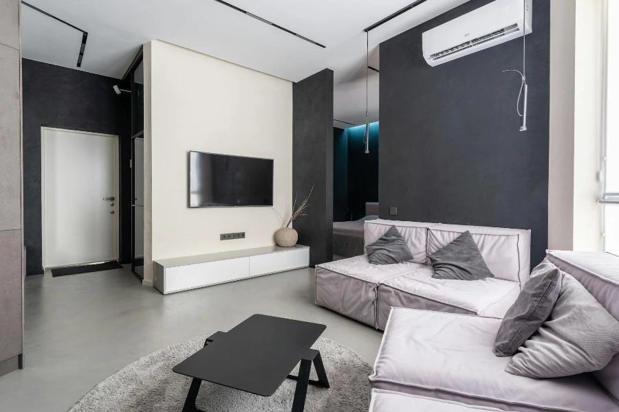 Gemütliches Wohnzimmer mit Sofas und Fernseher