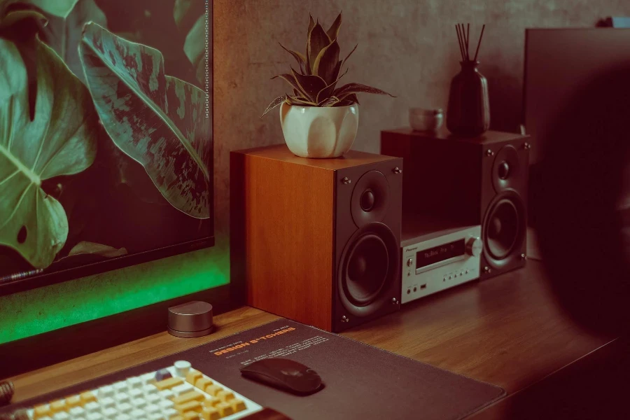 A Computer and a Speaker Set on the Desk