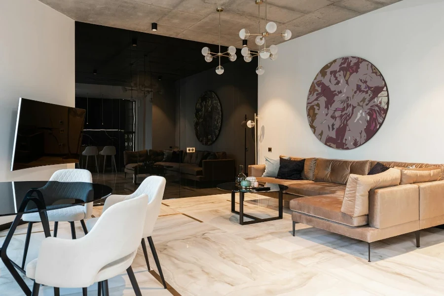 House interior with couch near table and chairs near TV