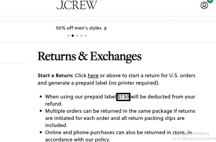J.Crew's returns and exchanges page