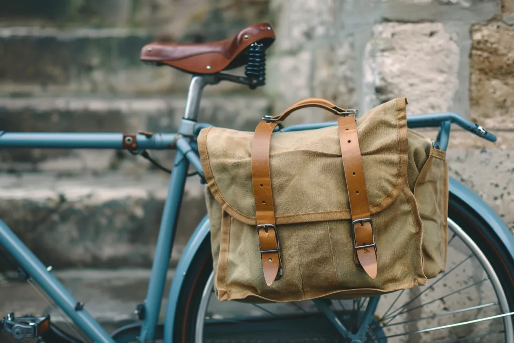 large tan canvas pannier on the back of an old blue bike