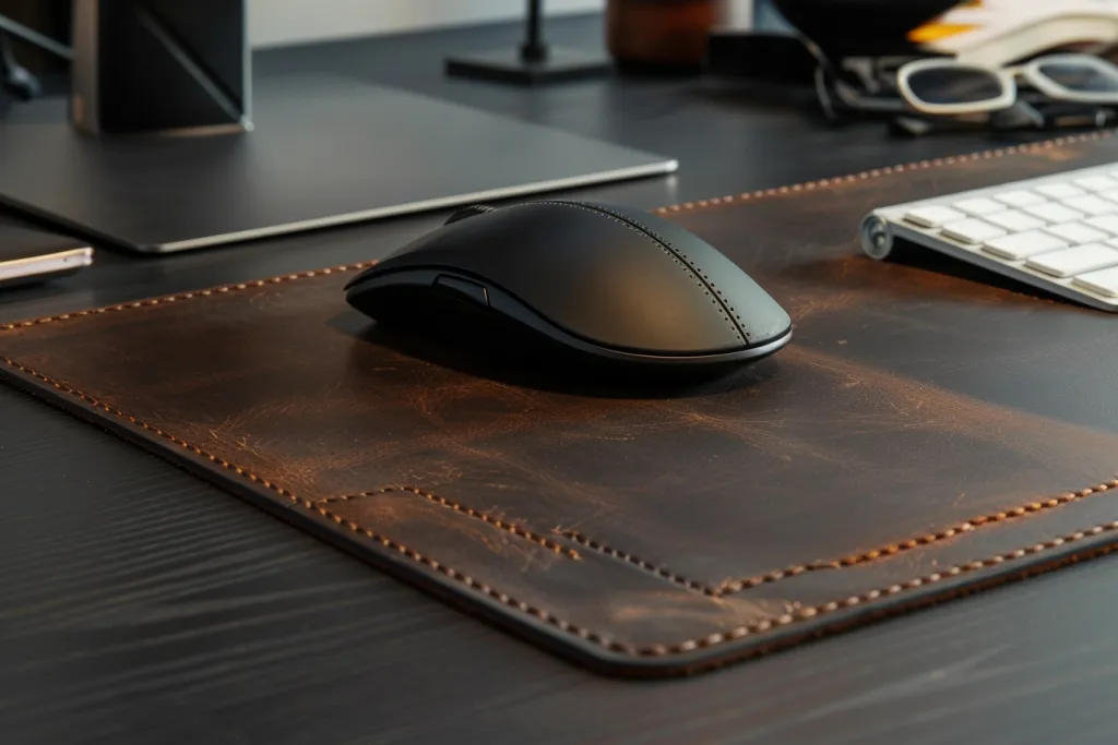 leather mouse pad with a wireless computer gaming mouse on top of it