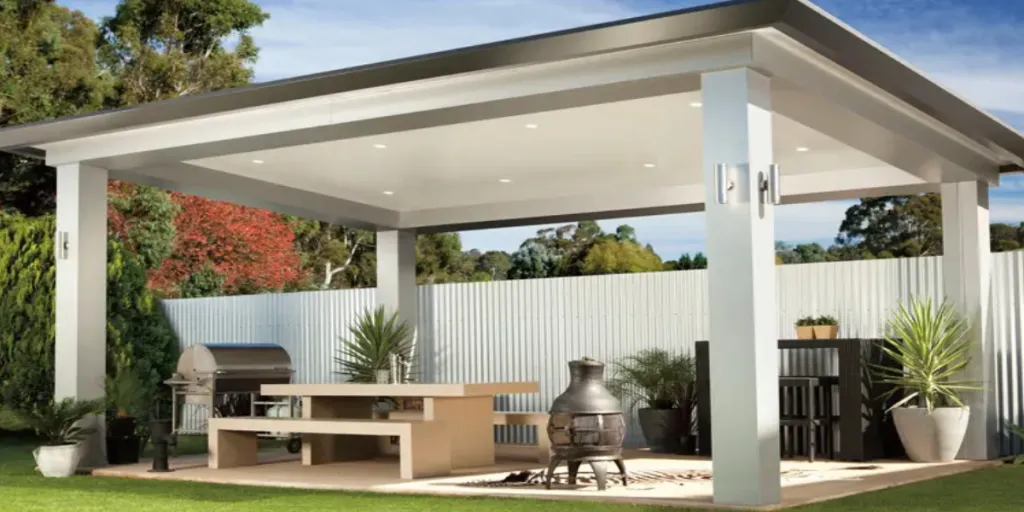 Pergola aluminium sisi terbuka yang mewah dengan layar atap yang dapat dibuka