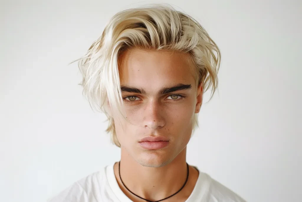 homme aux cheveux blonds portant une demi-perruque