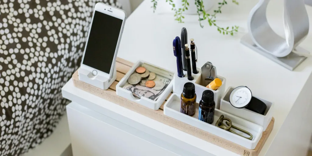 Modular bedside table organizer with phone and other items