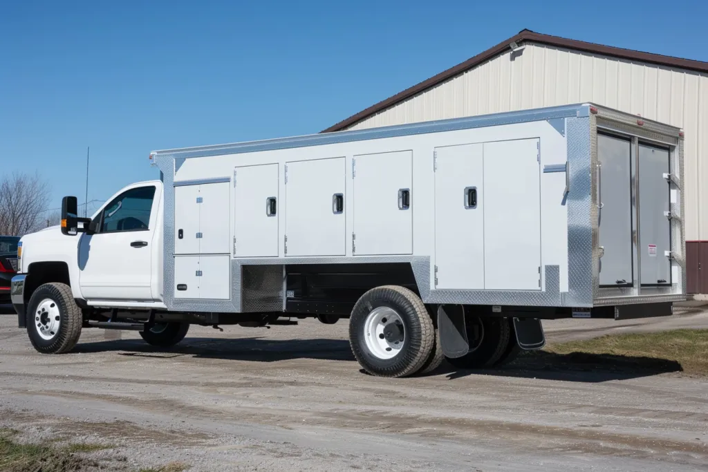 tempat tidur truk kerja ukuran penuh berwarna putih baru dengan panel samping dan pintu di tanah