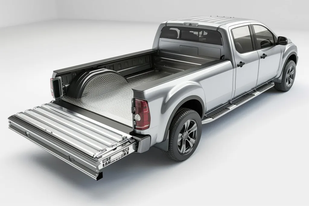 open silver truck bed with side loading slide out