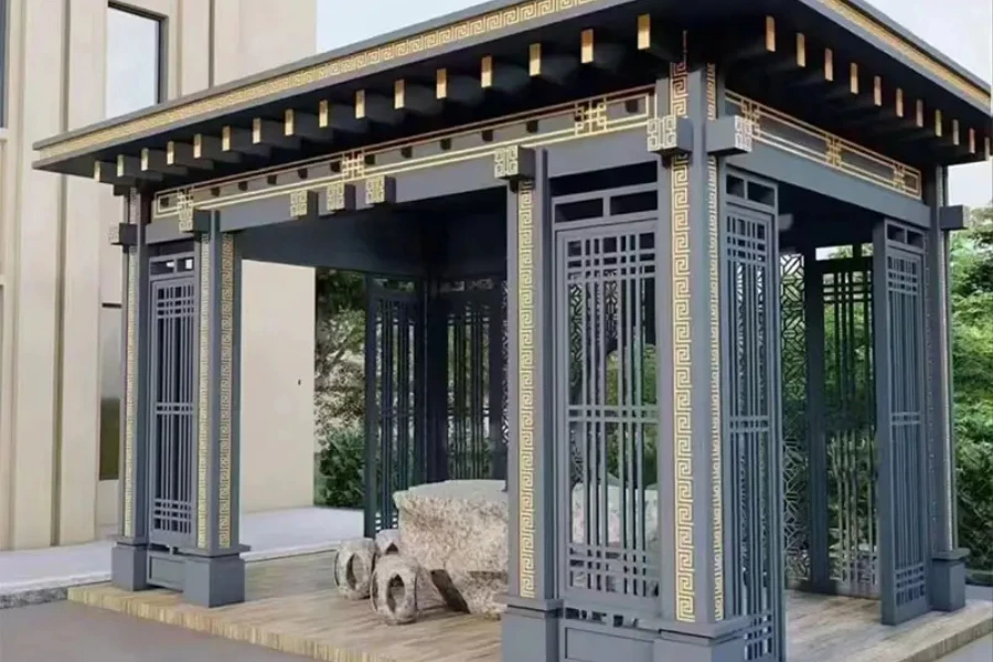 Pérgola de aluminio motorizada, impermeable y de diseño ornamentado