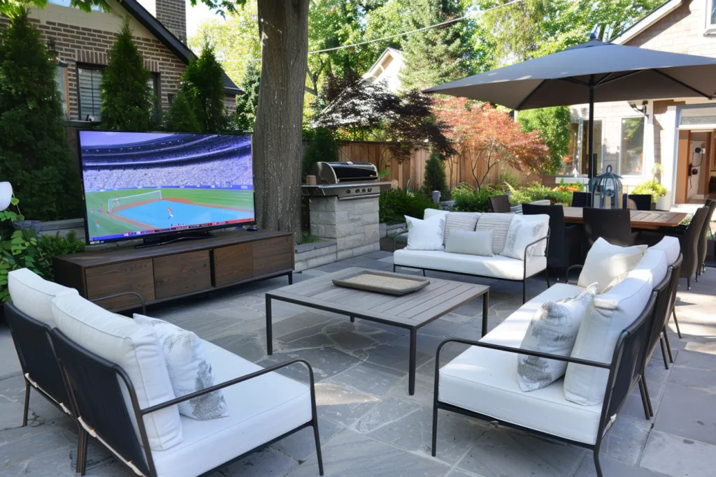outdoor TV cabinet in front of outdoor sofa and table set up with outdoor furniture