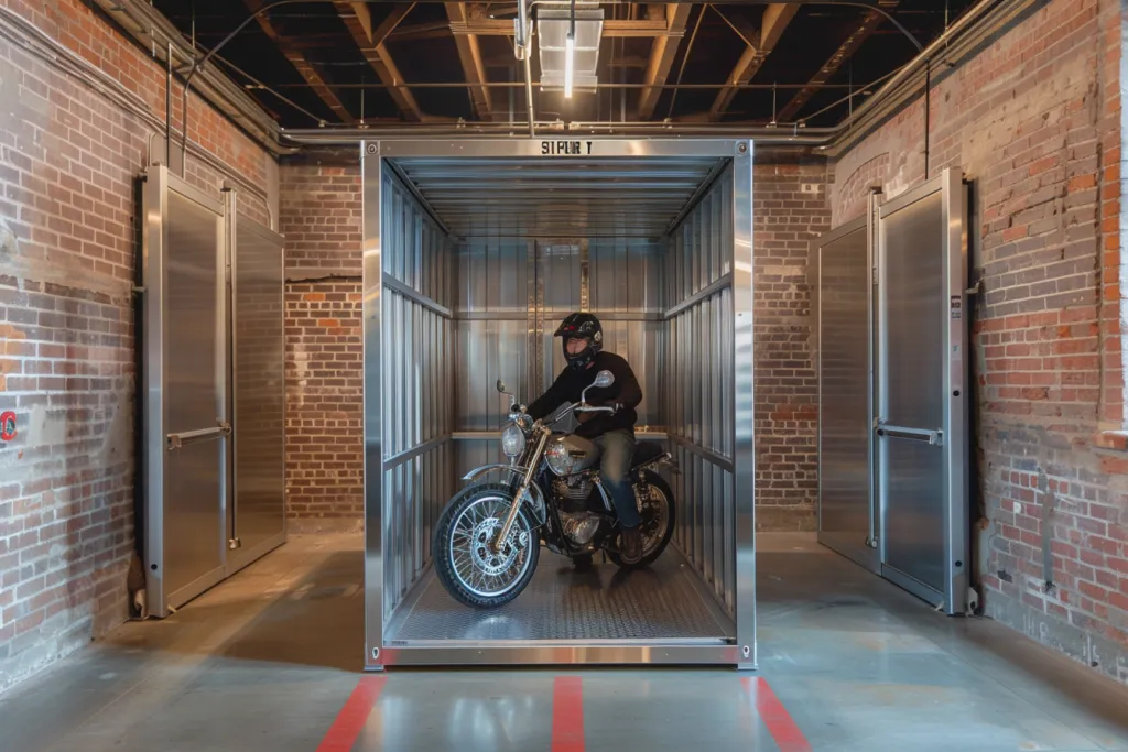 photo of motorcycle inside metal box