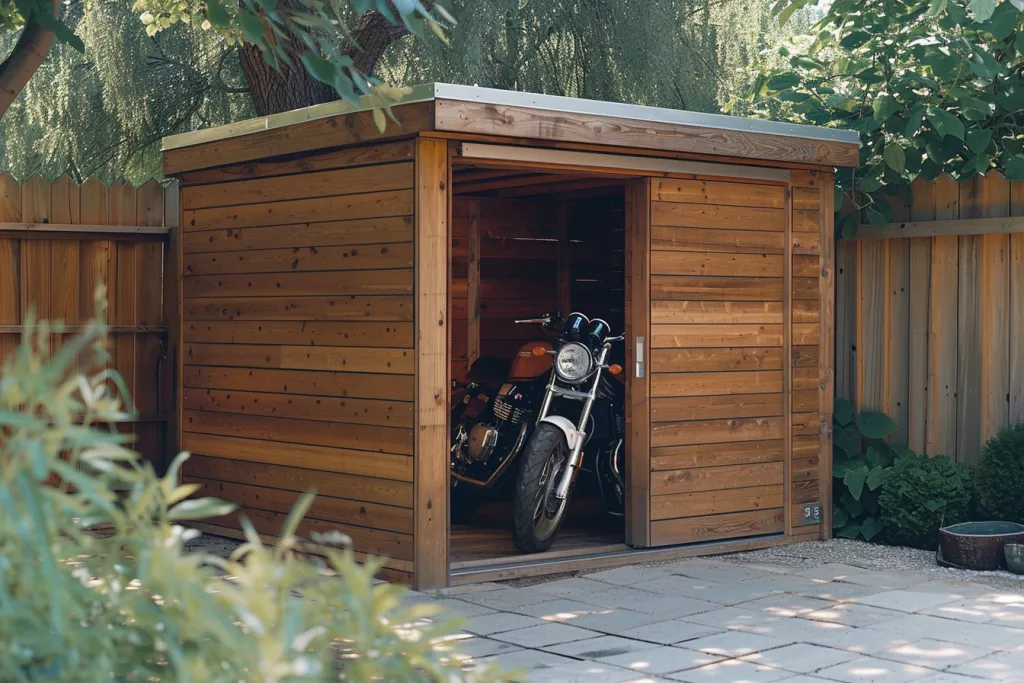 foto di un piccolo capannone in legno per riporre le moto