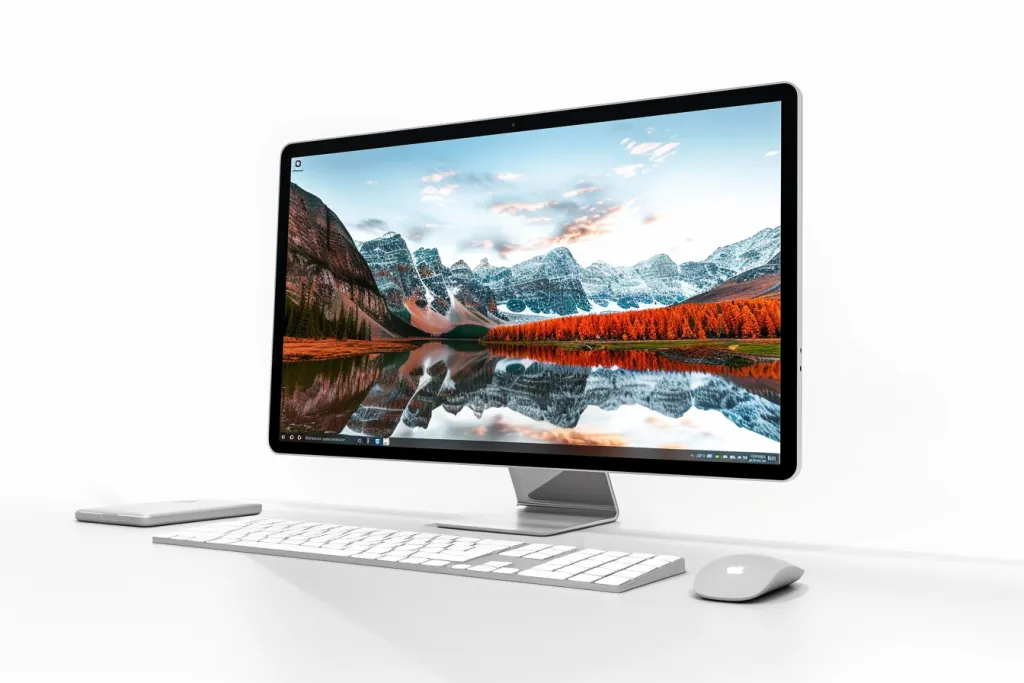 fotografia di Un elegante computer desktop con uno schermo aperto