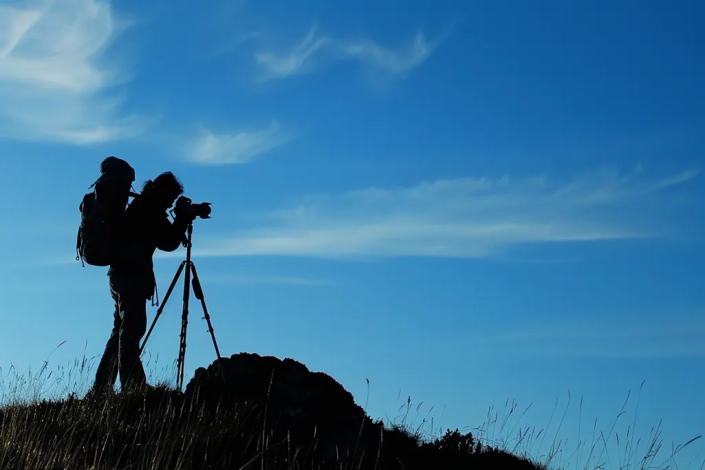 fotografer dengan kamera dan tripod di puncak bukit