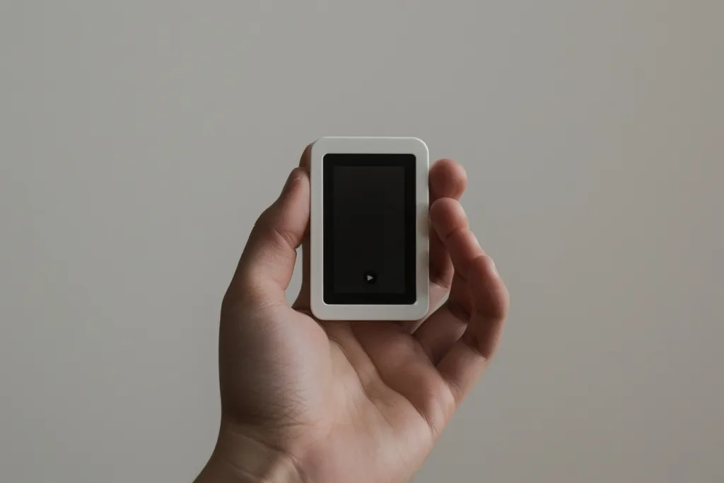 Foto de producto de un reproductor digital blanco extremadamente pequeño.