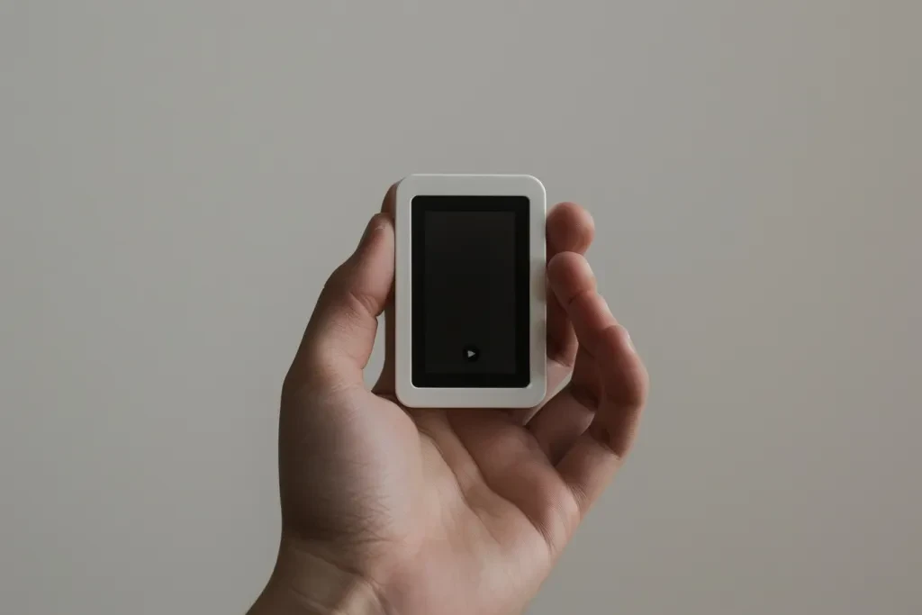 product photo of an extremely small white digital player