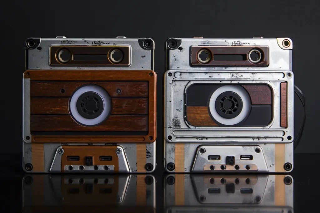 realistic photograph of two contrasting cassette players,