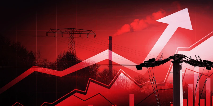 Roter Hintergrund und Diagramme sowie der Stromleitung, die Preise steigen