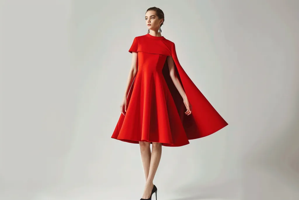 red cape dress with a round neckline
