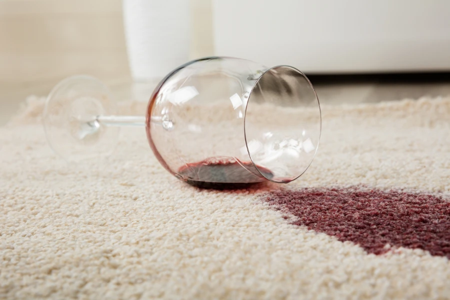 Anggur merah tumpah dari gelas di karpet