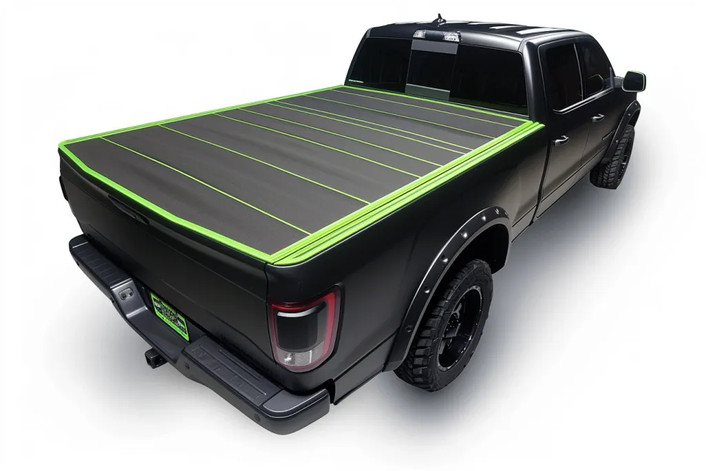 cubierta de caja de camioneta de aspecto resistente con detalles en verde brillante en los bordes de los costados