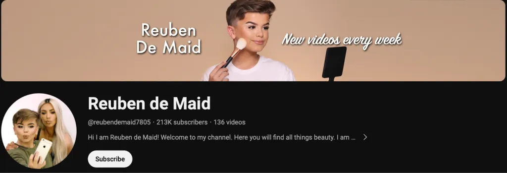 Captura de tela da página inicial do canal de Reuben De Maid no YouTube