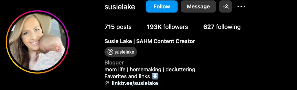 لقطة شاشة من صفحة Suzie Lake على Instagram