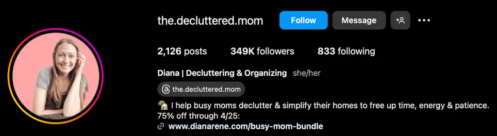 لقطة شاشة من صفحة Instagram الخاصة بـ Declutterd Mom