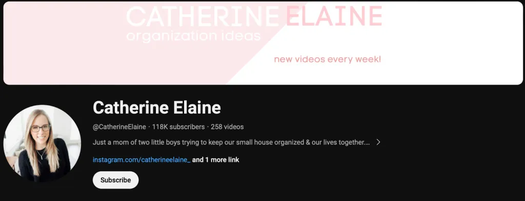 キャサリン・エレインの YouTube ホームページのスクリーンショット