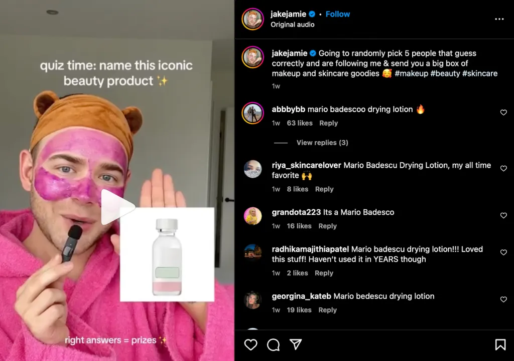 ジェイク・ジェイミー・ワードが Instagram Reels でクイズに答えているスクリーンショット