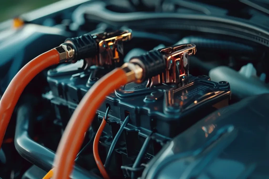 showcasing an orange and black cable connected to two copper clamps attached