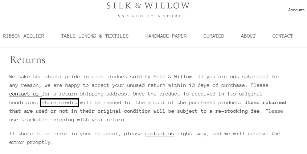 Silk and Willow's shipping and returns page