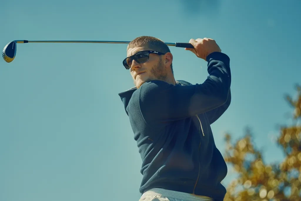 Der Schauspieler trägt eine Sonnenbrille und spielt Golf