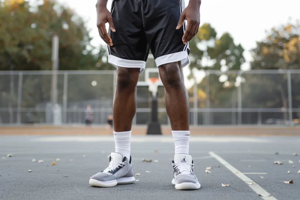 beyaz çoraplı siyah ve gri basketbol şortu
