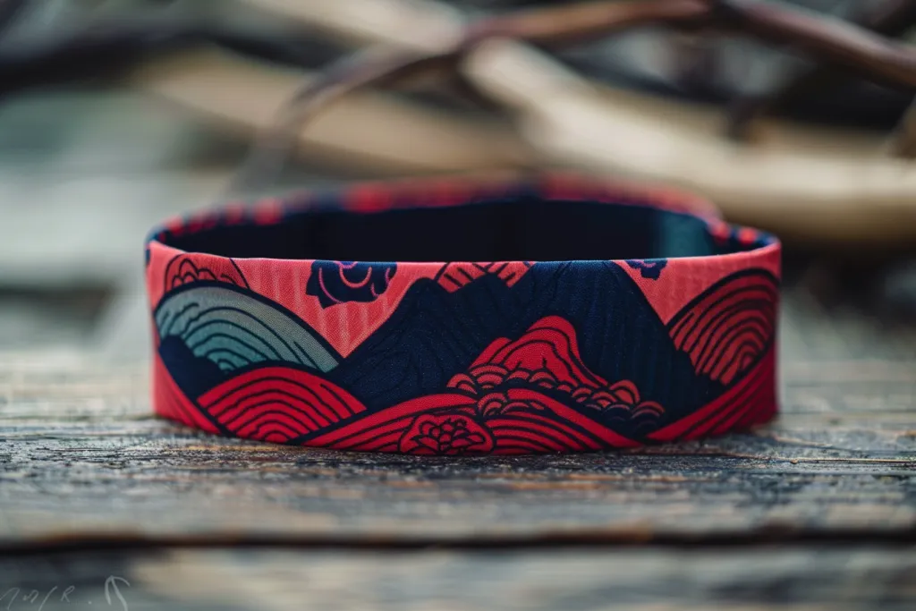 the red and navy headband has an abstract design