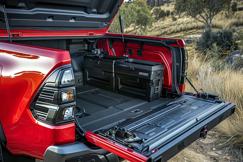 Der rote Toyota Hilux hat einen offenen Kofferraum mit schwarzen Aufbewahrungsboxen und silbernen Beschlägen auf der Rückseite