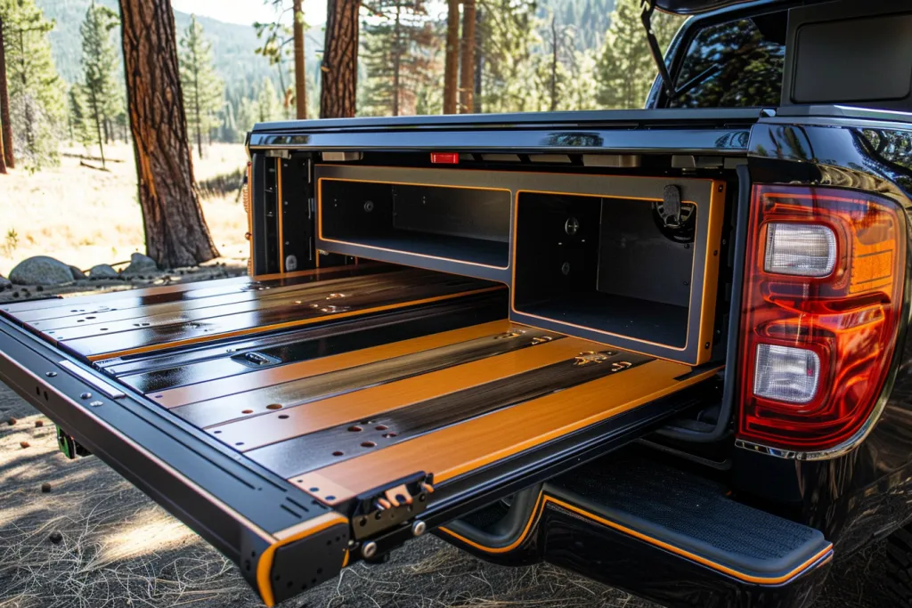the tailgate truck bed slide is shown with the top open