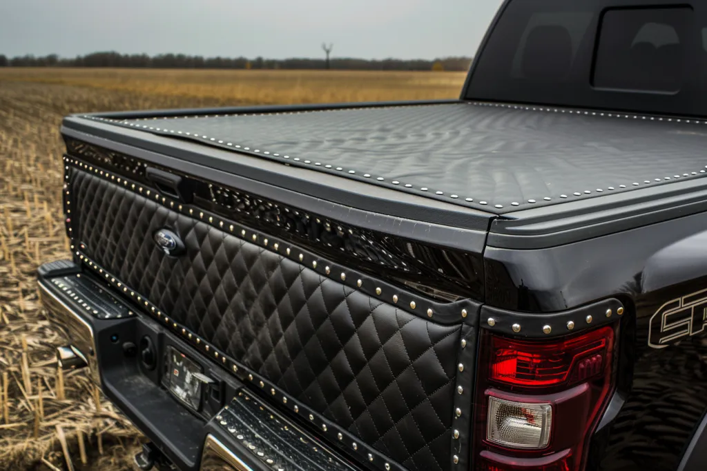 bed cover truk dengan tekstur pelat berlian hitam dan pintu belakang bergrommet