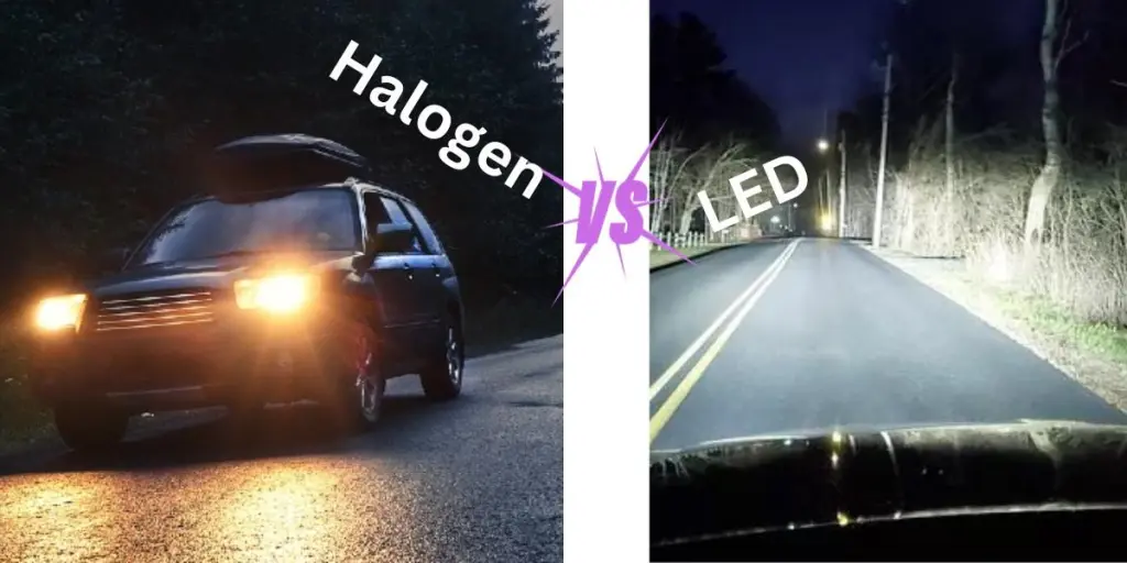 dua mobil, satu dengan halogen dan yang lainnya dengan lampu depan LED