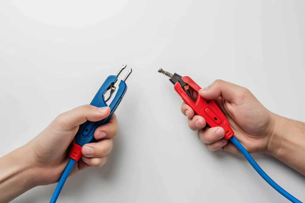 two hands holding car battery clippers