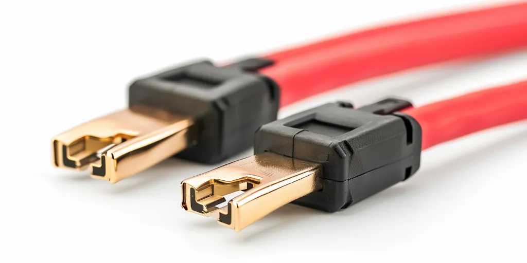 deux câbles de batterie de voiture épais rouge et noir avec deux pinces dorées aux extrémités
