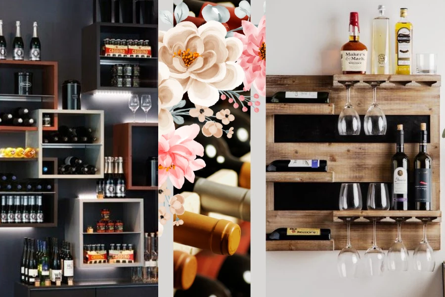 pequenos recantos de bar domésticos montados na parede com vários rótulos de vinhos