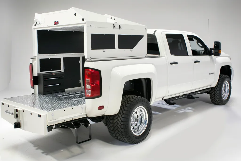 white truck body with a large storage space