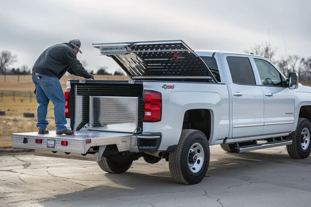 wide white low profile truck bed with open side door