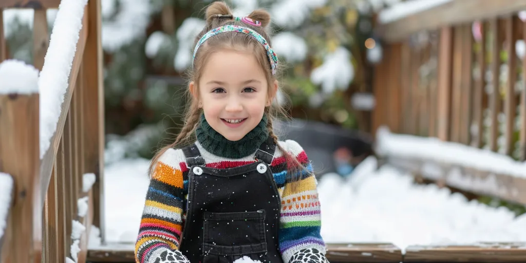 Seorang gadis kecil mengenakan terusan hitam, sweter turtleneck lengan panjang bermotif warna-warni, dan sepatu bot salju putih berdiri di tangga kayu halaman belakang rumahnya di musim dingin