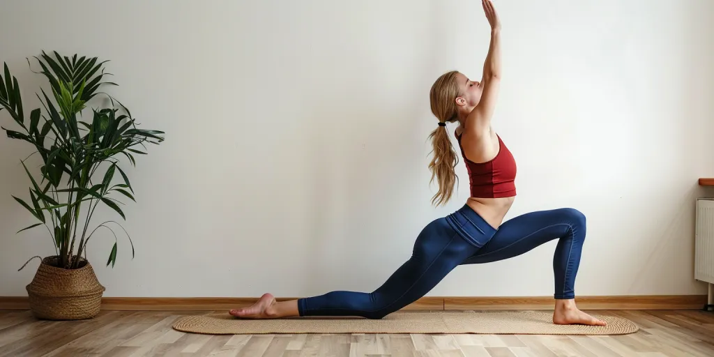 A woman in yoga attire is doing the side crescent lunge pose on an empty white background