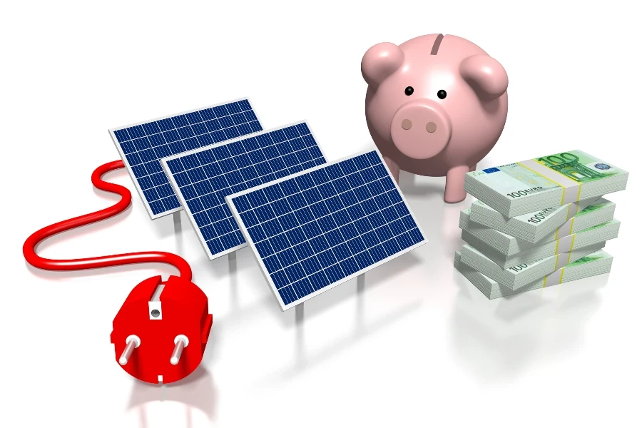 3D graphics with solar panels, money and piggybank - great for topics like renewable energy, green energy, power suppy etc